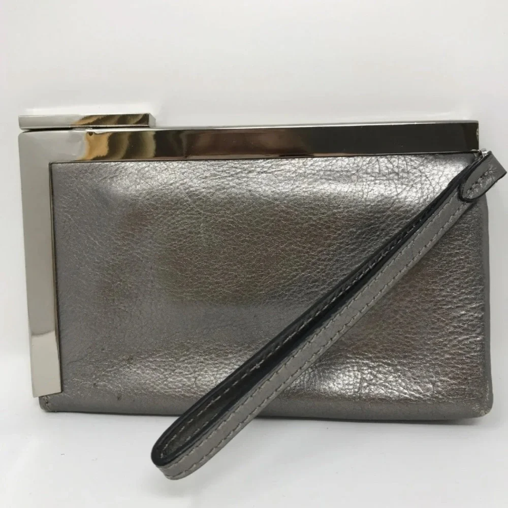 Calvin Klein Pewter Silver Metallic Leather Wristlet Clutch Vintage